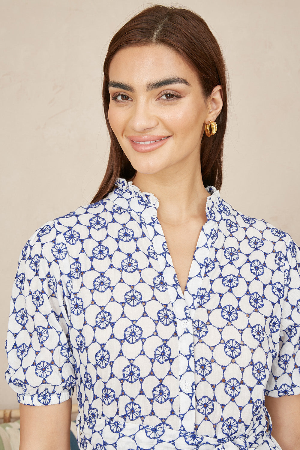 Yumi White and Blue Cotton Broderie Anglaise Midi Shirt Dress - QHA UK