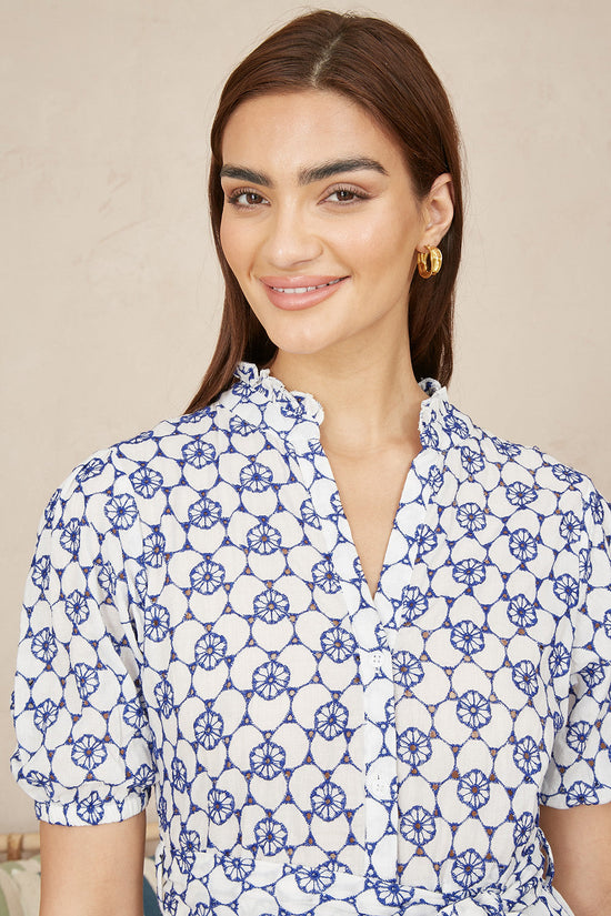 Yumi White and Blue Cotton Broderie Anglaise Midi Shirt Dress - QHA UK