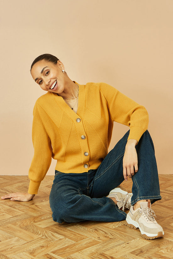 Yumi Mustard Relaxed Fit Cardigan With Stitch Detail - QHA UK