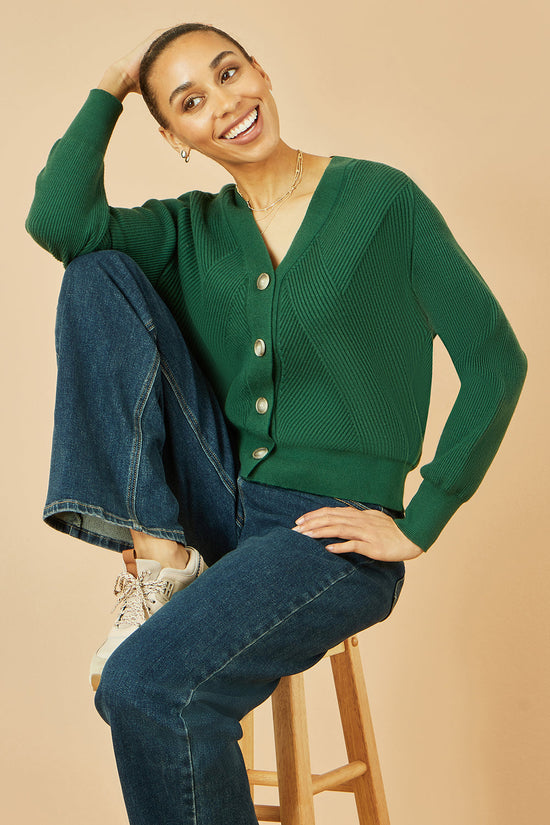 Yumi Green Relaxed Fit Cardigan With Stitch Detail - QHA UK