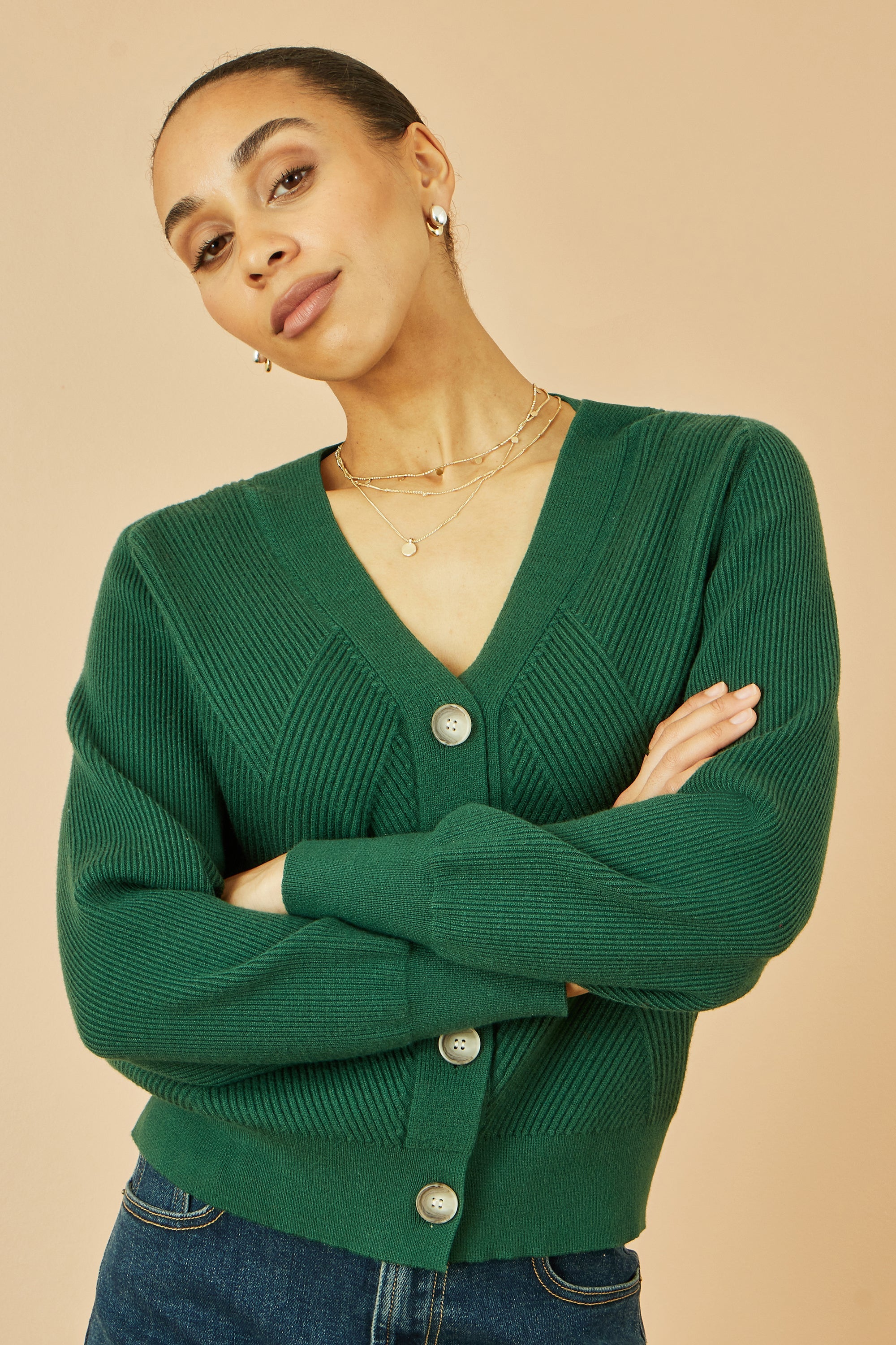 Yumi Green Relaxed Fit Cardigan With Stitch Detail