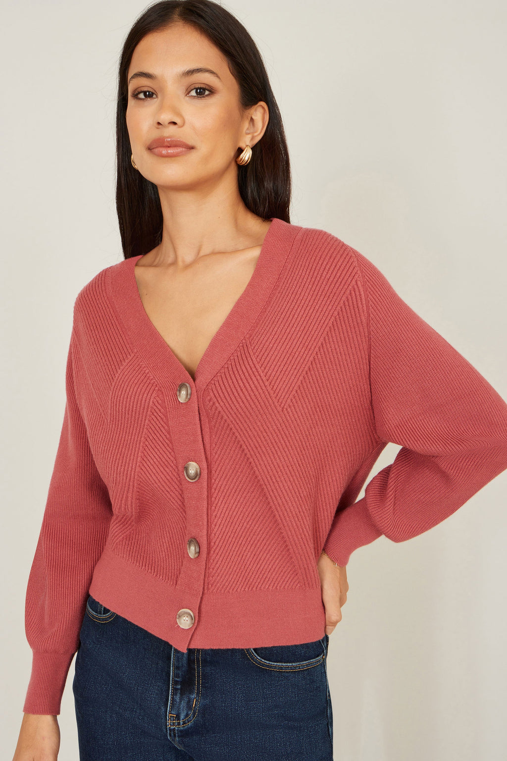 Yumi Rose Pink Relaxed Fit Cardigan With Stitch Detail