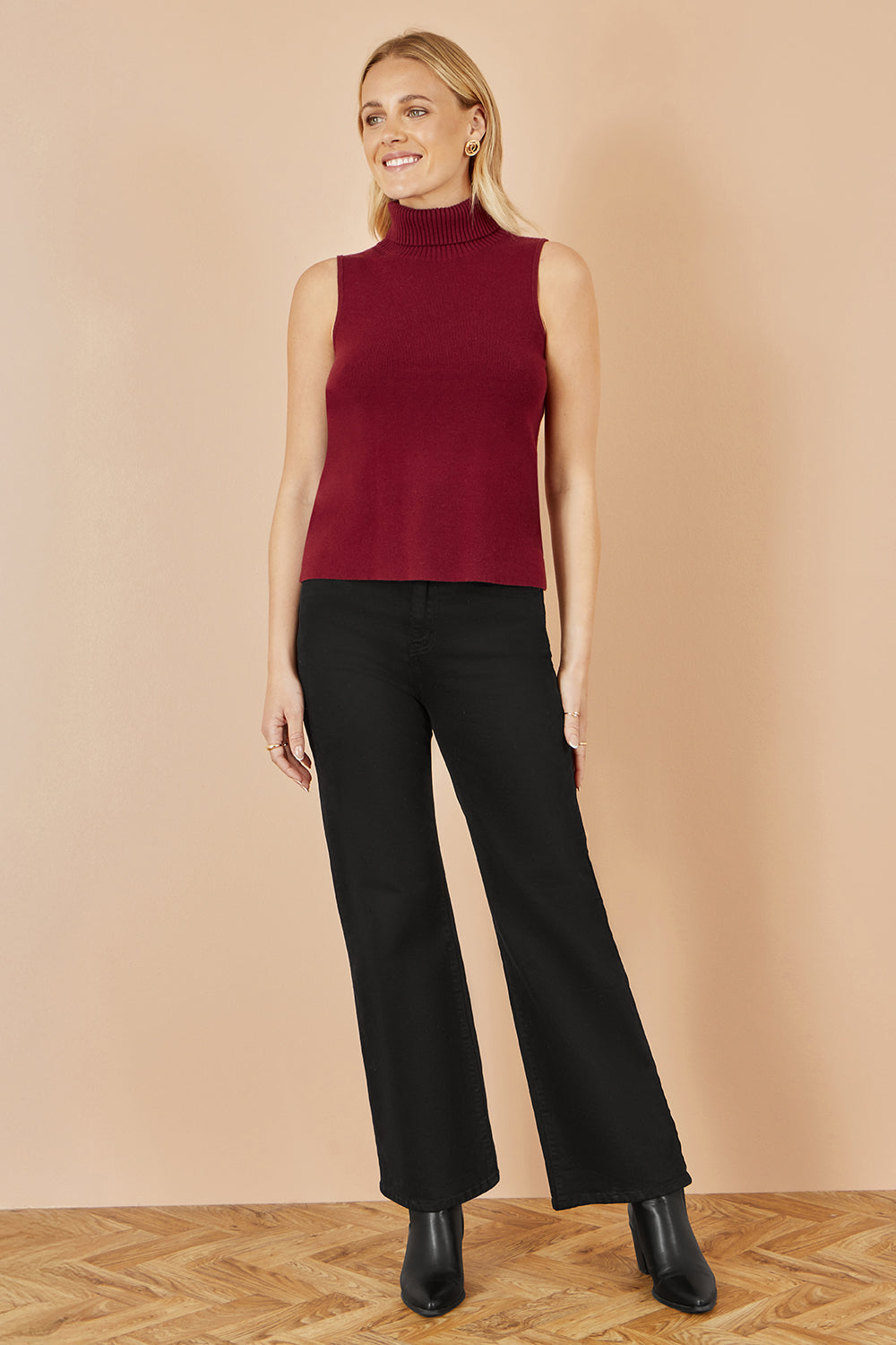 Yumi Burgundy Knitted Roll Neck Sleeveless Jumper - QHA UK