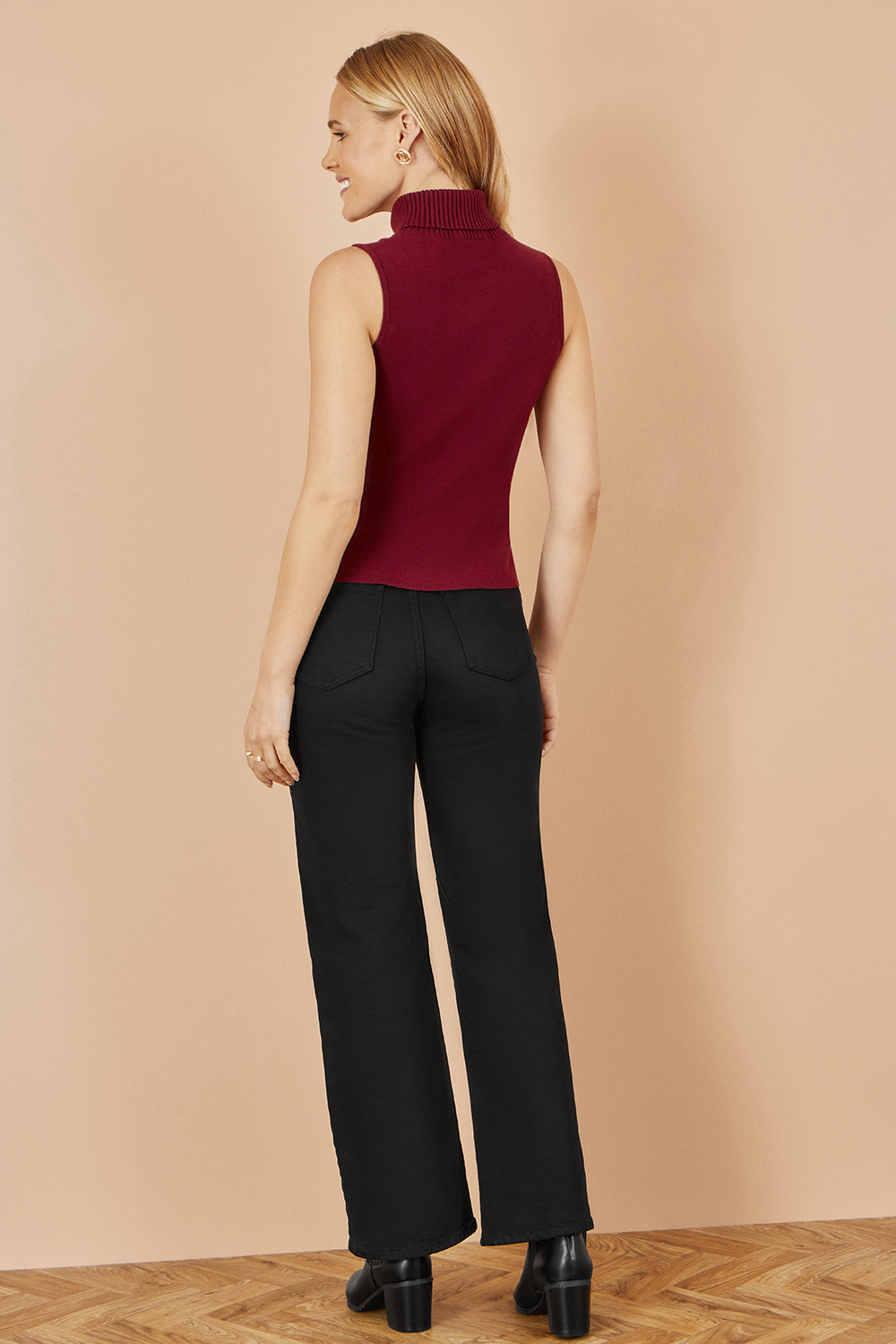 Yumi Burgundy Knitted Roll Neck Sleeveless Jumper - QHA UK