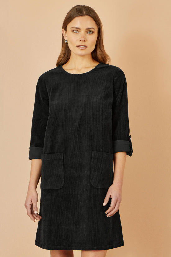 Yumi Black Cord Tunic Dress With 3/4 Sleeves And Pockets - QHA UK