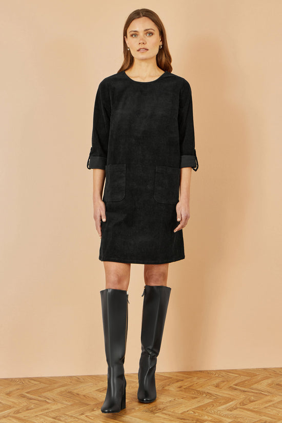 Yumi Black Cord Tunic Dress With 3/4 Sleeves And Pockets - QHA UK