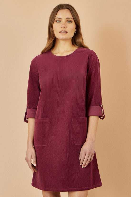 Yumi Burgundy Cord Tunic Dress With 3/4 Sleeves And Pockets - QHA UK