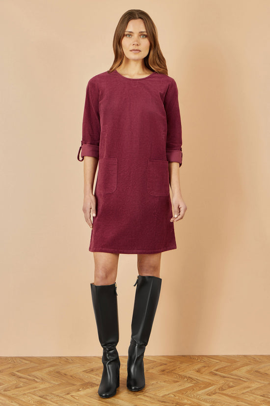 Yumi Burgundy Cord Tunic Dress With 3/4 Sleeves And Pockets - QHA UK