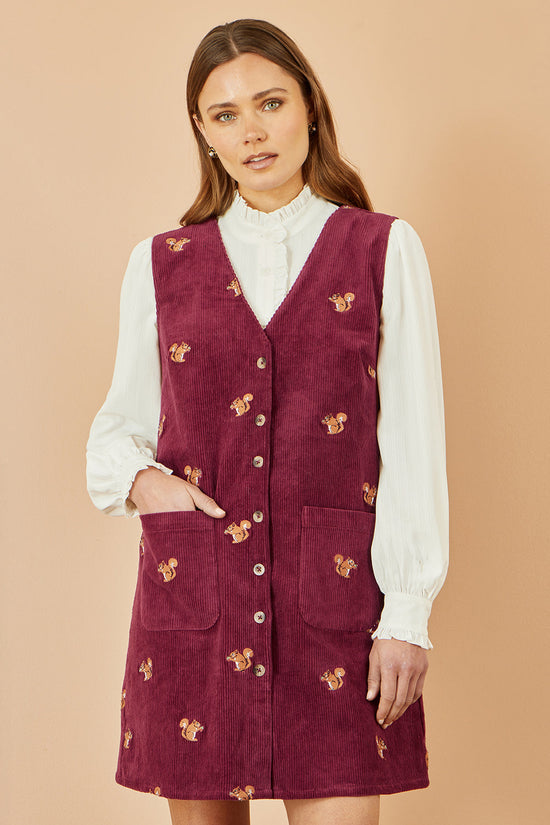 Yumi Burgundy Squirrel Embroidered Button Up Pinafore Dress - QHA UK