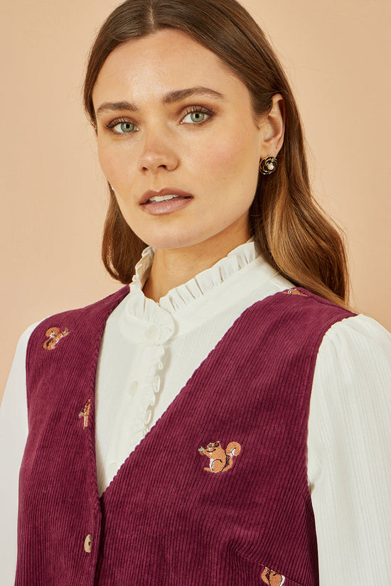 Yumi Burgundy Squirrel Embroidered Button Up Pinafore Dress - QHA UK