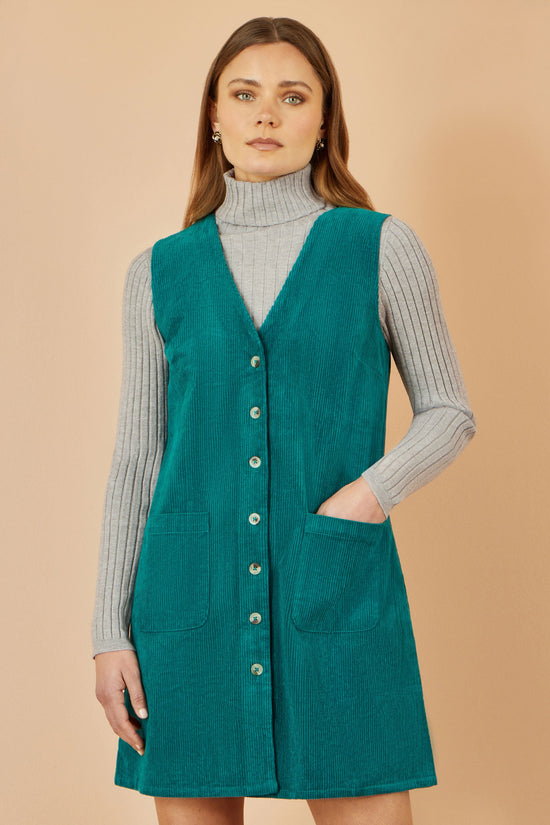 Yumi Teal Cord Button Through Pinafore Dress With Pockets - QHA UK