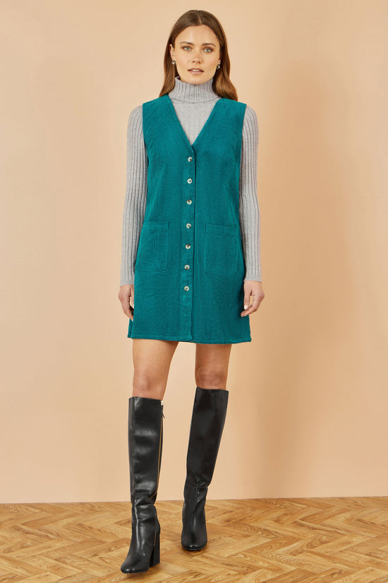 Yumi Teal Cord Button Through Pinafore Dress With Pockets - QHA UK