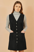 Yumi Black Cord Button Through Pinafore Dress With Pockets - QHA UK