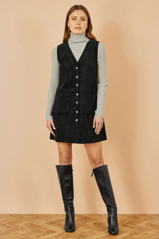 Yumi Black Cord Button Through Pinafore Dress With Pockets - QHA UK