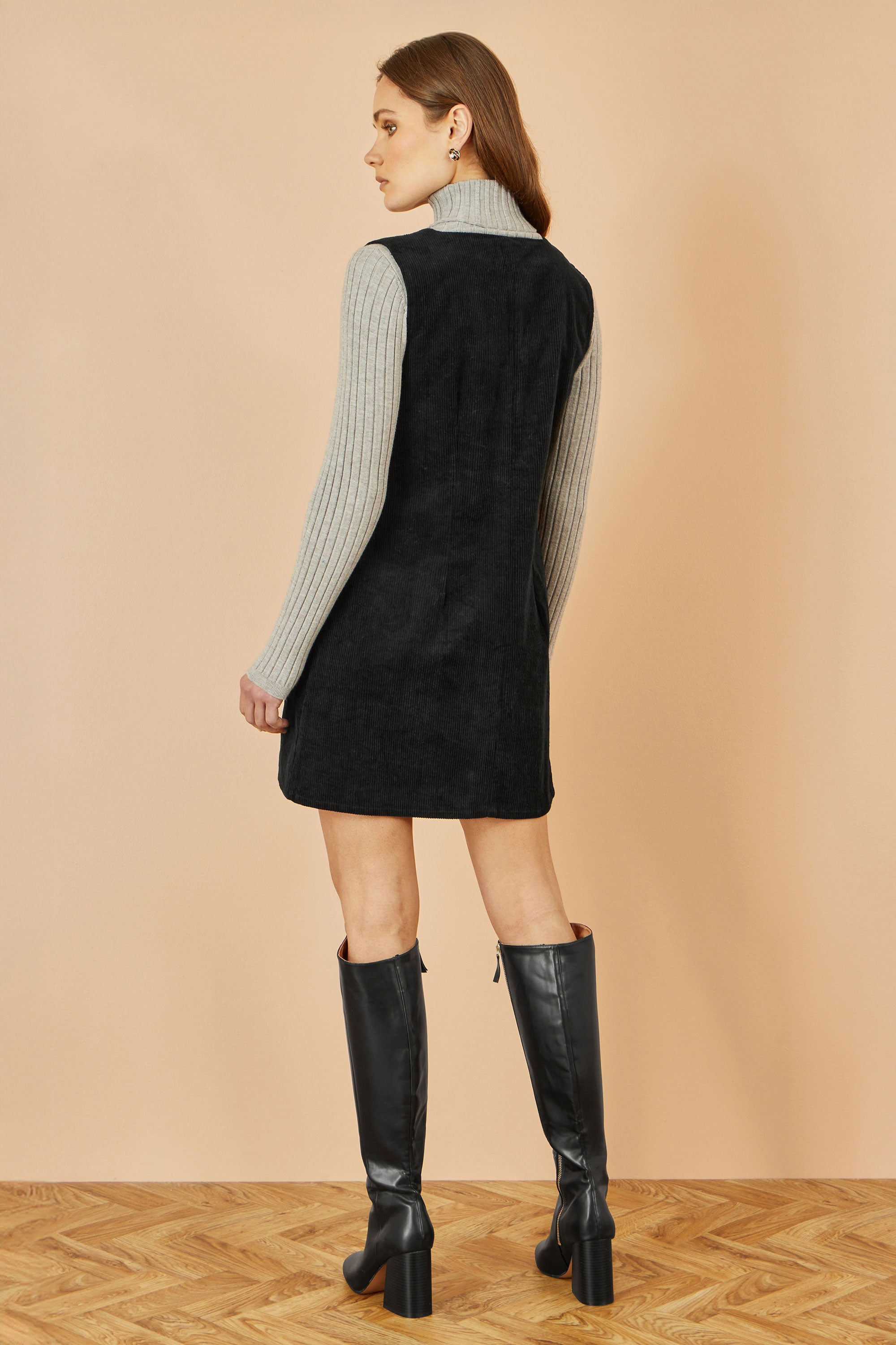 Yumi Black Cord Button Through Pinafore Dress With Pockets