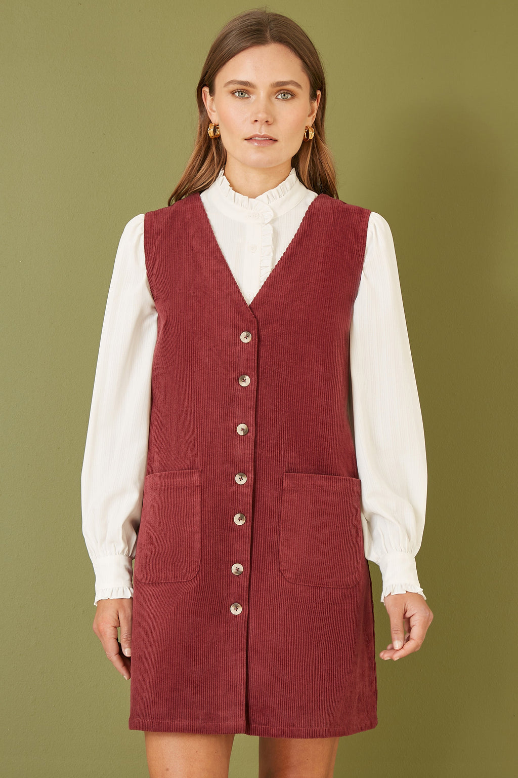 Yumi Burgundy Cord Button Through Pinafore Dress With Pockets - QHA UK