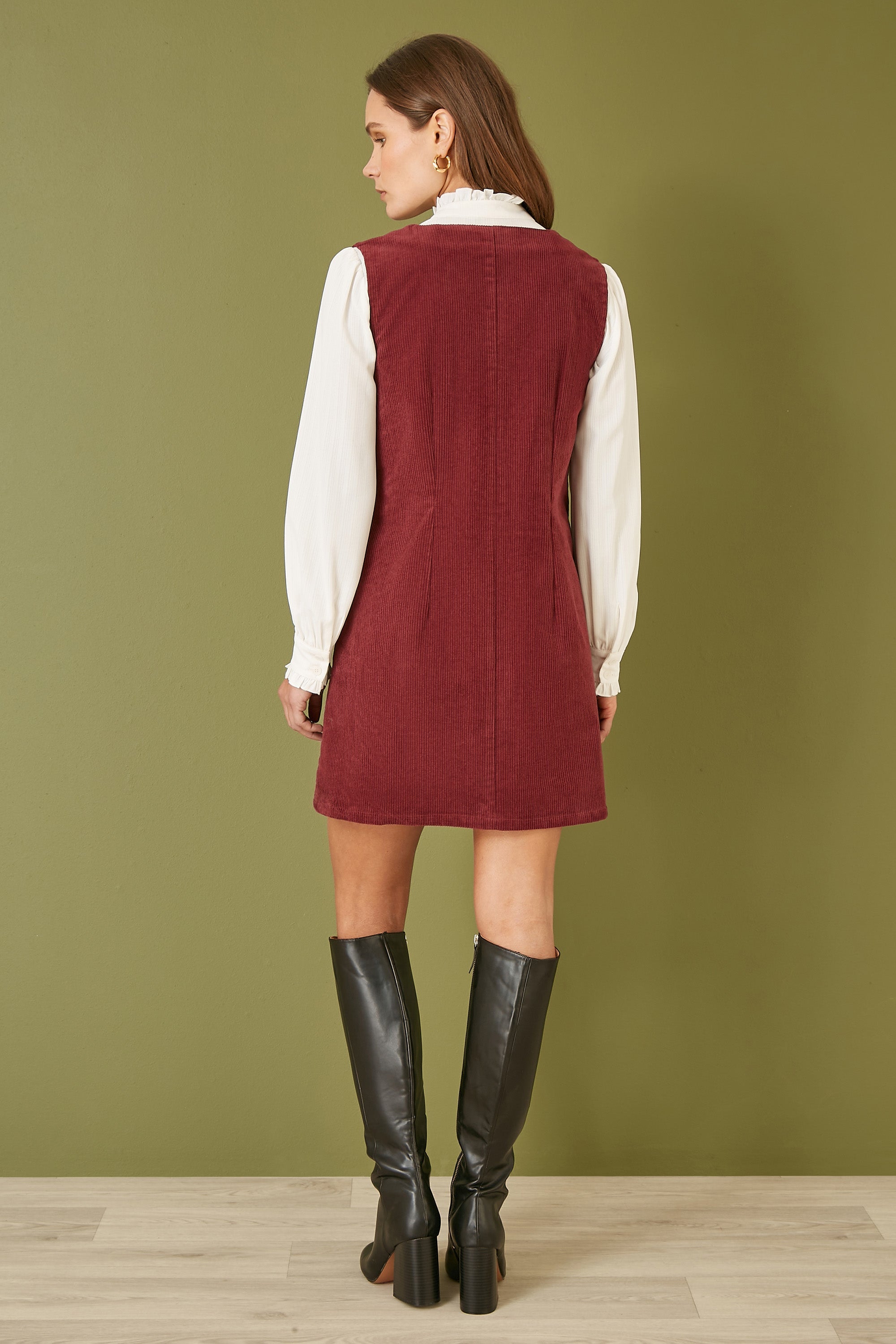 Yumi Burgundy Cord Button Through Pinafore Dress With Pockets - QHA UK