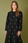 Yumi Black Long Sleeve Midi Dress With Floral Embroidery - QHA UK