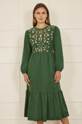 Yumi Green Long Sleeve Midi Dress With Floral Embroidery Bodice - QHA UK