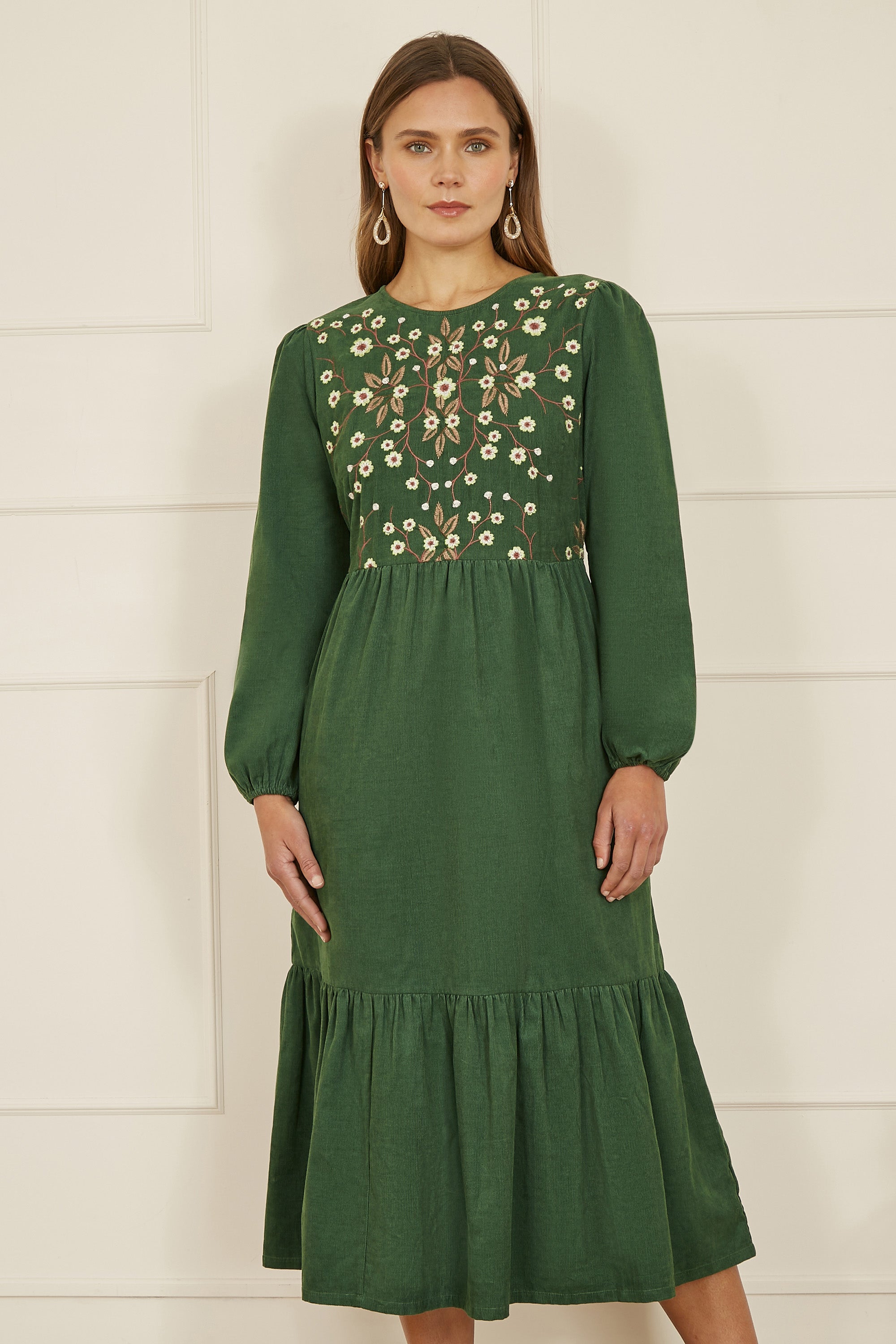 Yumi Green Long Sleeve Midi Dress With Floral Embroidery Bodice - QHA UK
