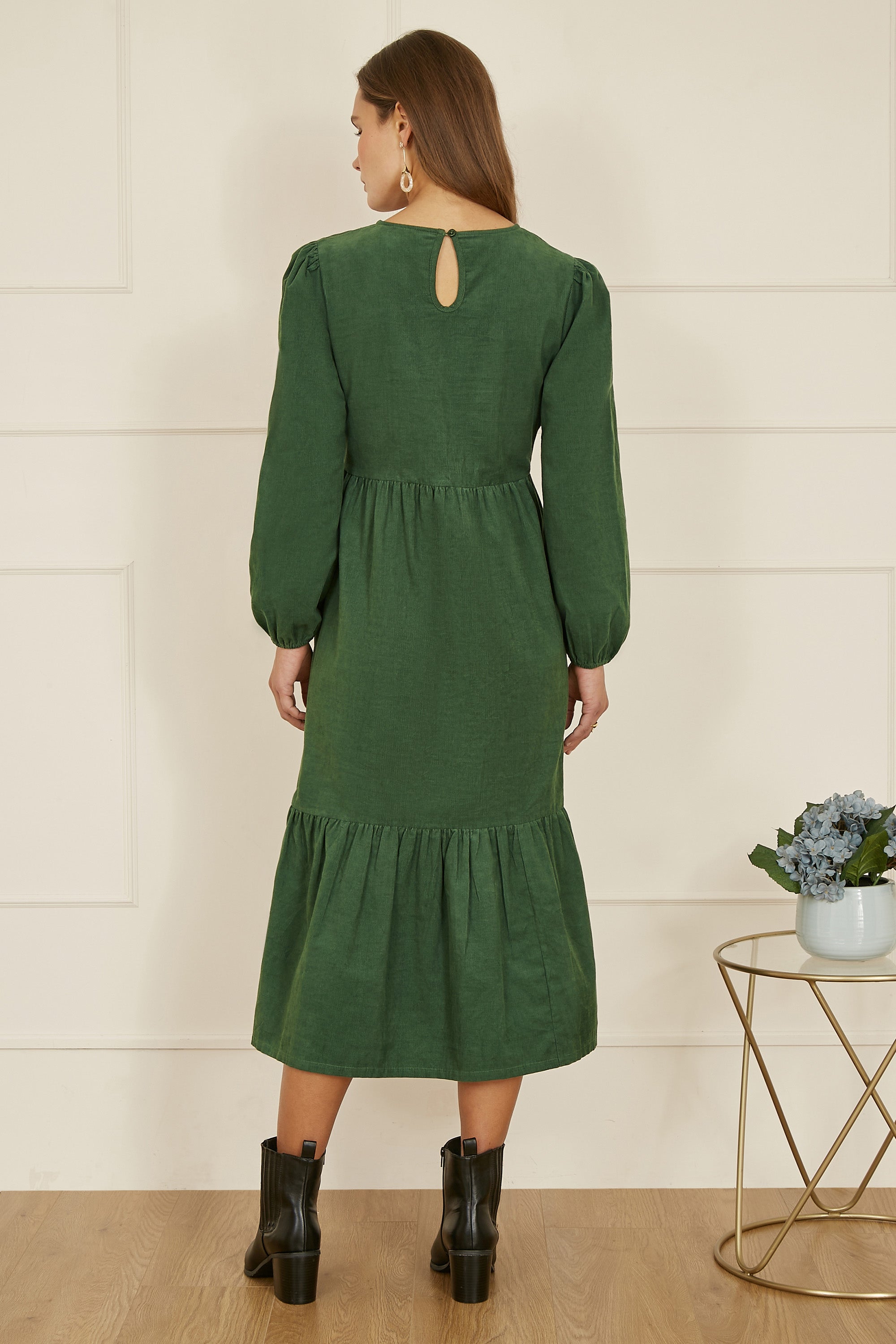 Yumi Green Long Sleeve Midi Dress With Floral Embroidery Bodice - QHA UK