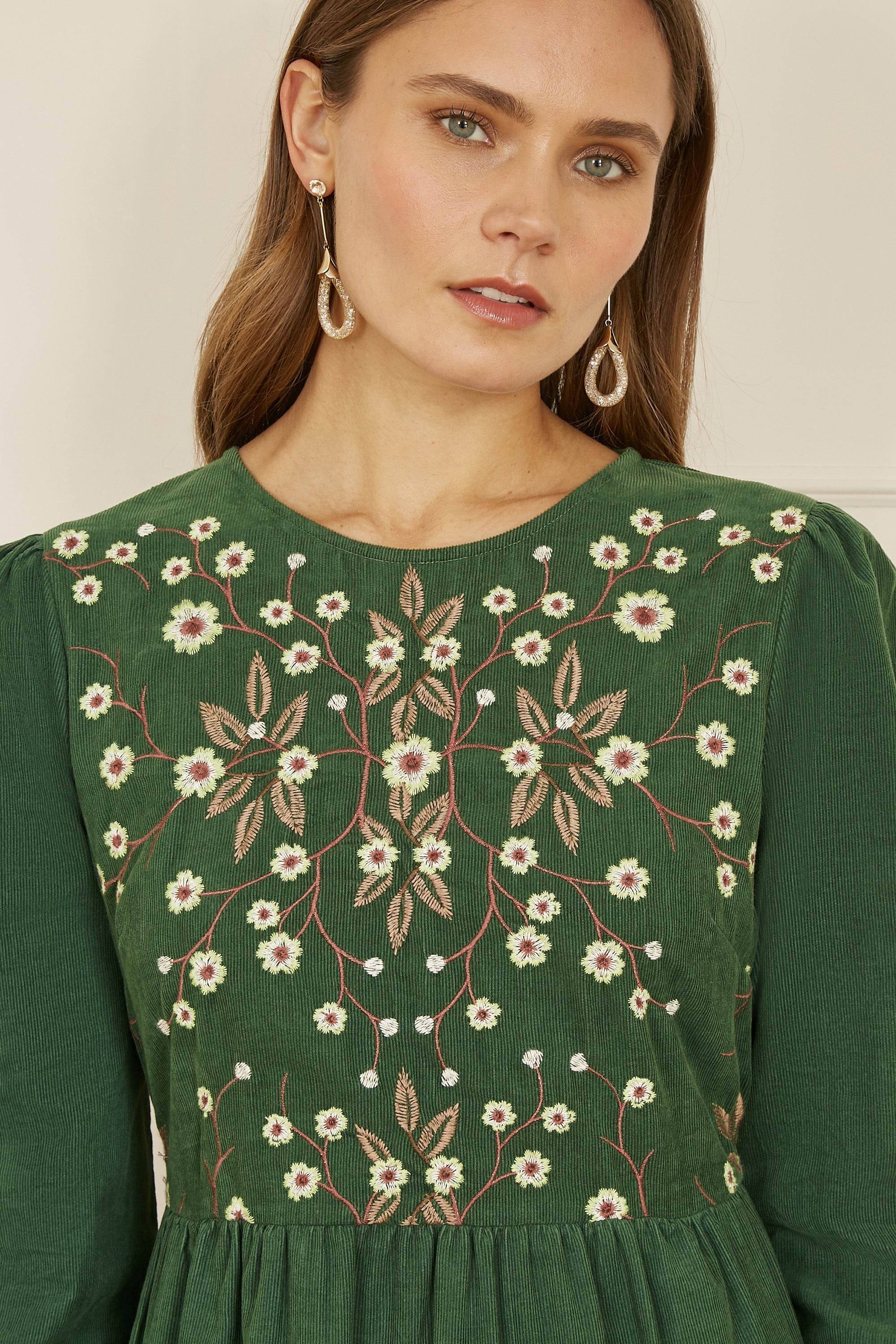 Yumi Green Long Sleeve Midi Dress With Floral Embroidery Bodice - QHA UK