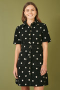 Yumi Black Daisy Embroidered Cord Shirt Dress - QHA UK