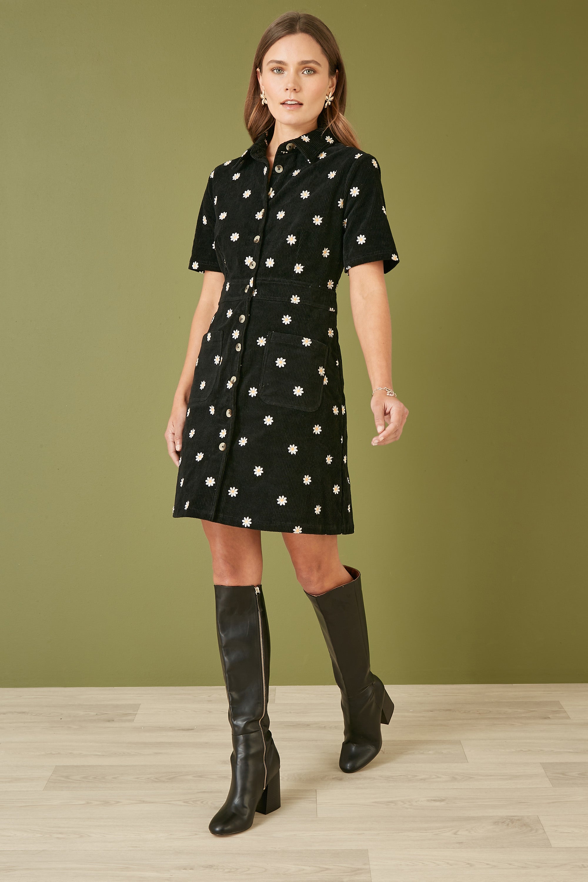 Yumi Black Daisy Embroidered Cord Shirt Dress - QHA UK