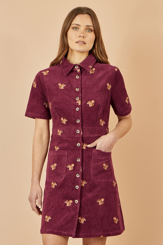 Yumi Burgundy Cord Shirt Dress With All Over Squirrel Embroidery - QHA UK