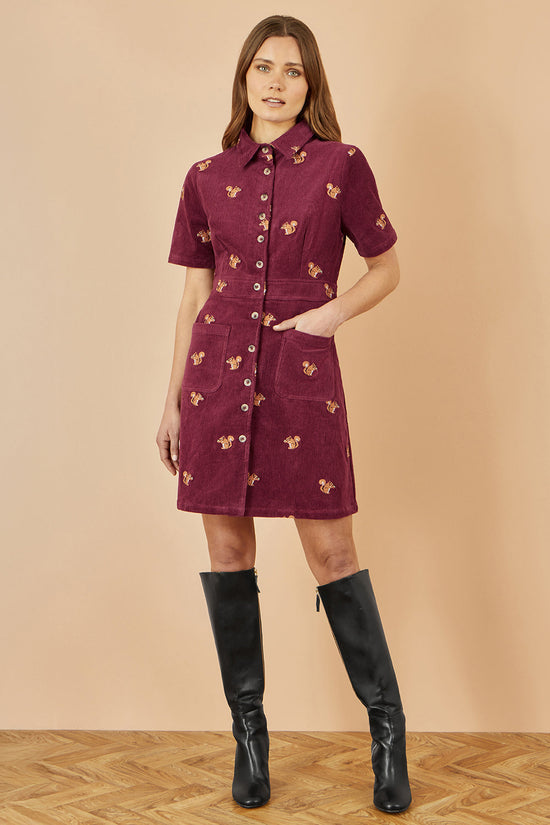 Yumi Burgundy Cord Shirt Dress With All Over Squirrel Embroidery - QHA UK