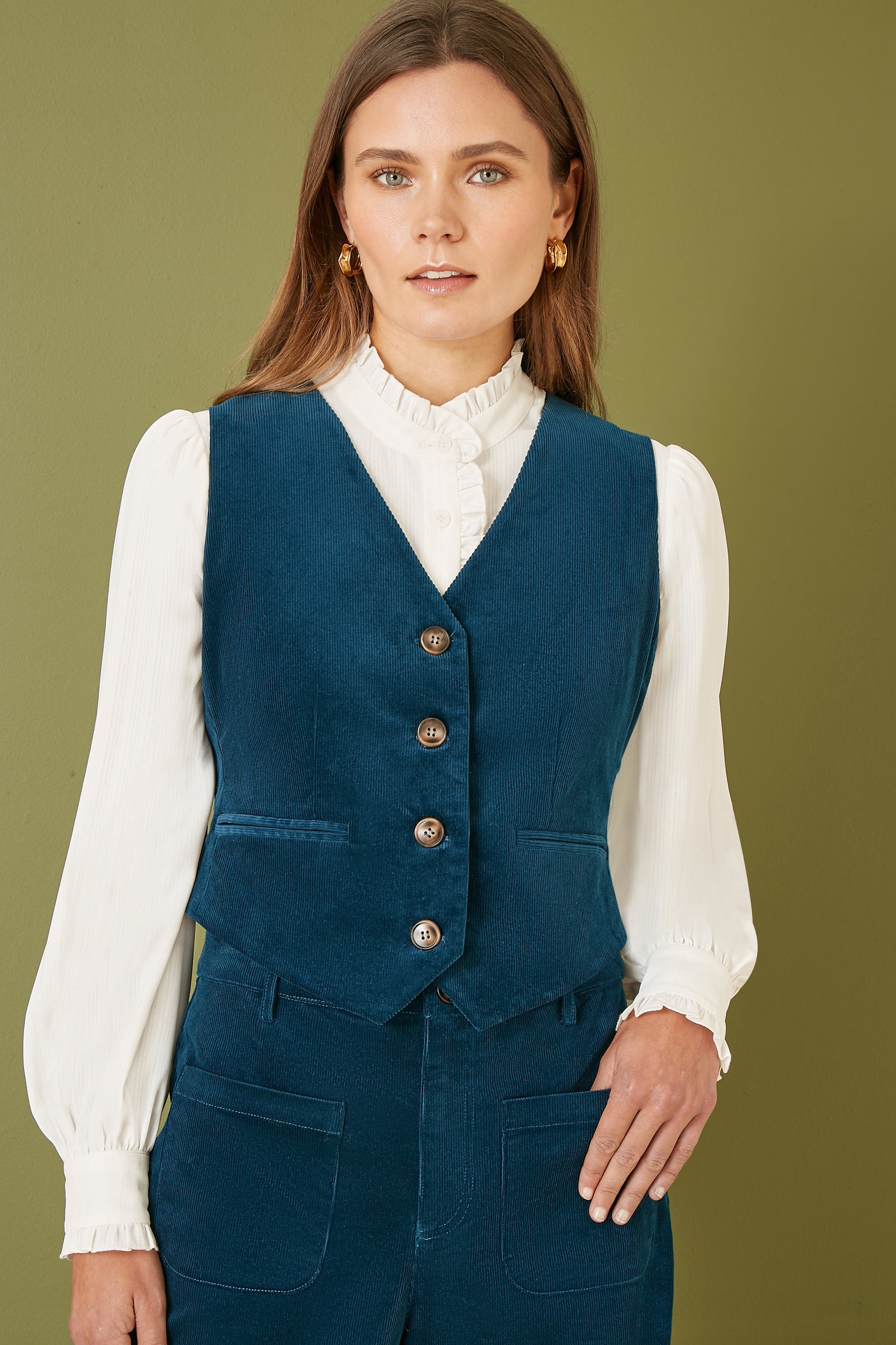 Yumi Teal Cord Trousers With Patch Pockets