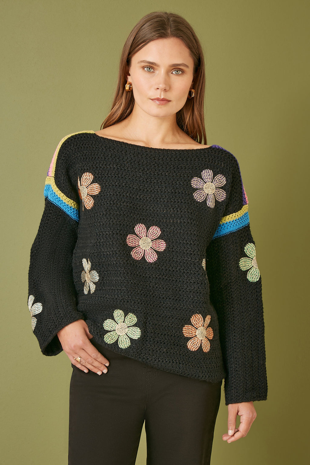 Yumi Black Crochet Flower Jumper