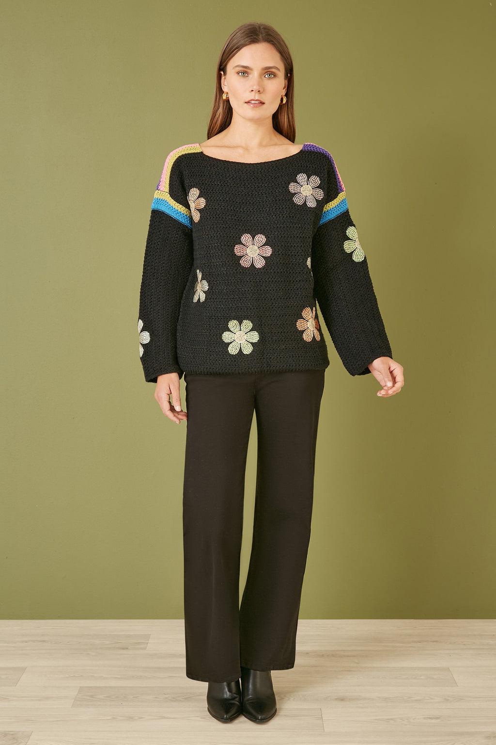 Yumi Black Crochet Flower Jumper