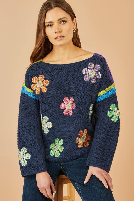 Yumi Navy Crochet Flower Jumper - QHA UK