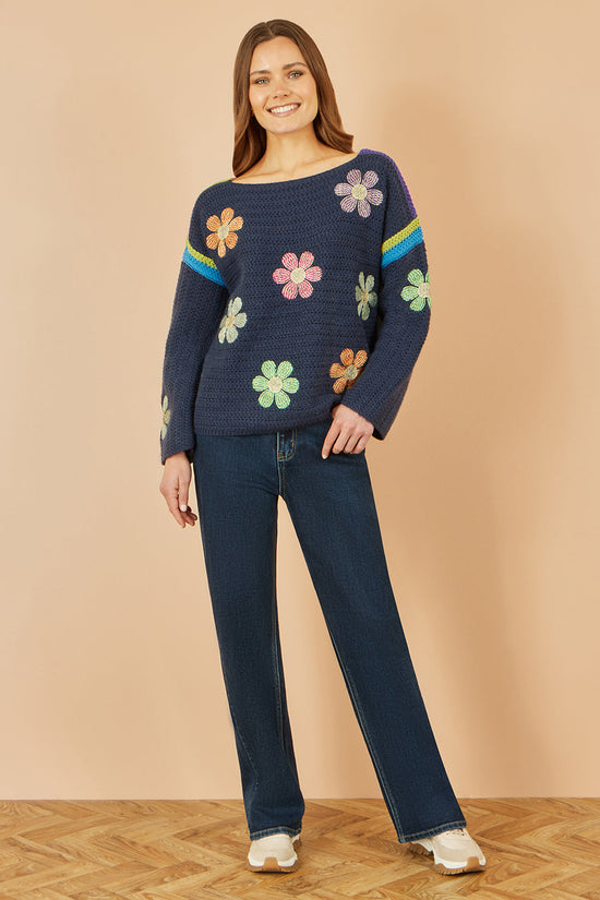 Yumi Navy Crochet Flower Jumper - QHA UK