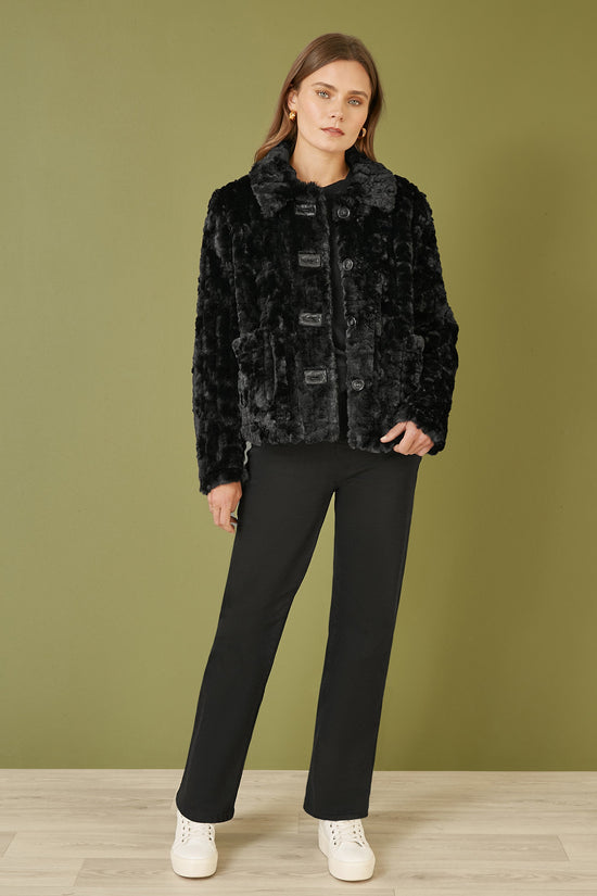 Yumi Black Luxe Textured Faux Fur Jacket With Pockets - QHA UK