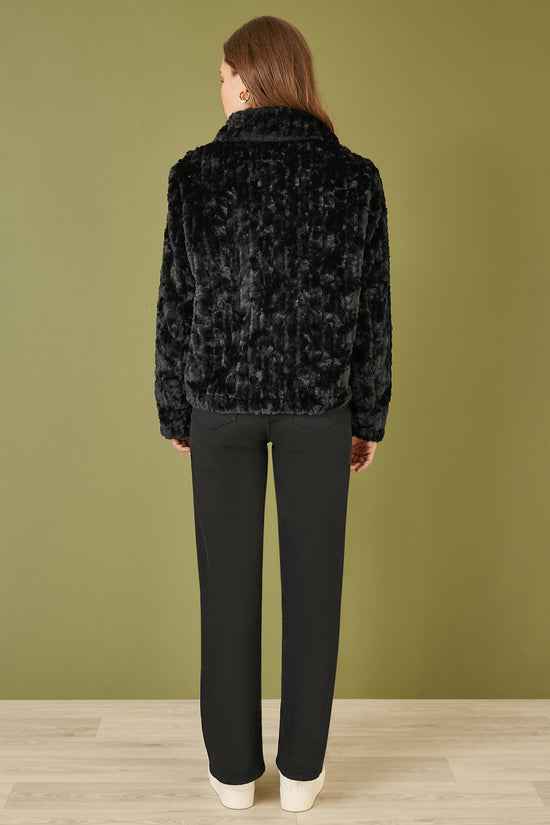 Yumi Black Luxe Textured Faux Fur Jacket With Pockets - QHA UK