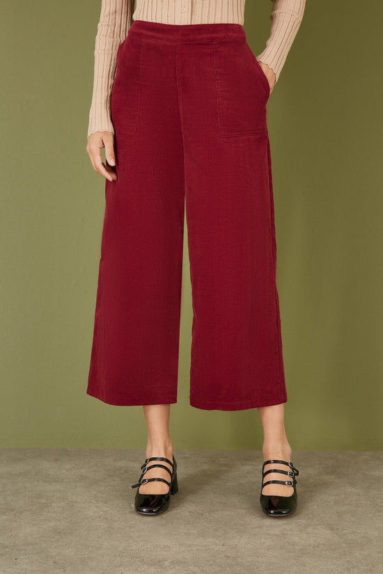 Yumi Burgundy Cord Cropped Wide Leg Trousers With Pockets - QHA UK