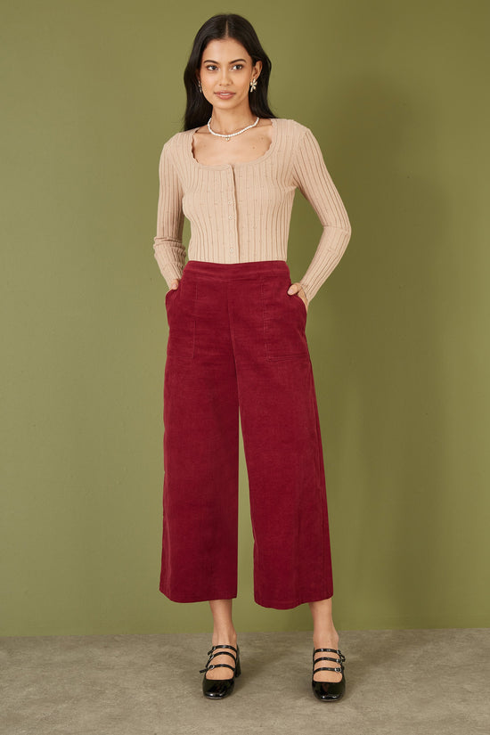 Yumi Burgundy Cord Cropped Wide Leg Trousers With Pockets - QHA UK