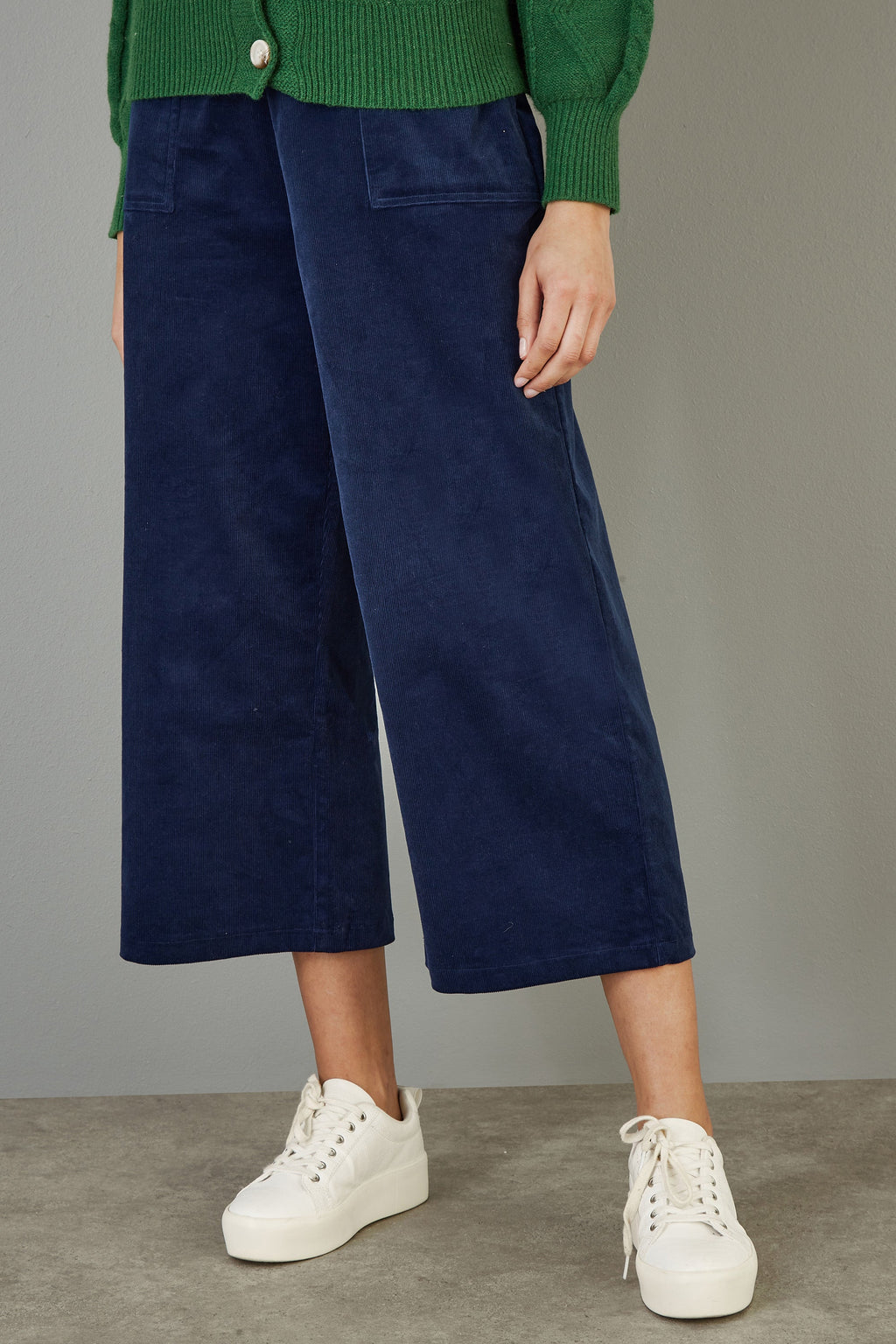Yumi Navy Cord Cropped Wide Leg Trousers With Pockets