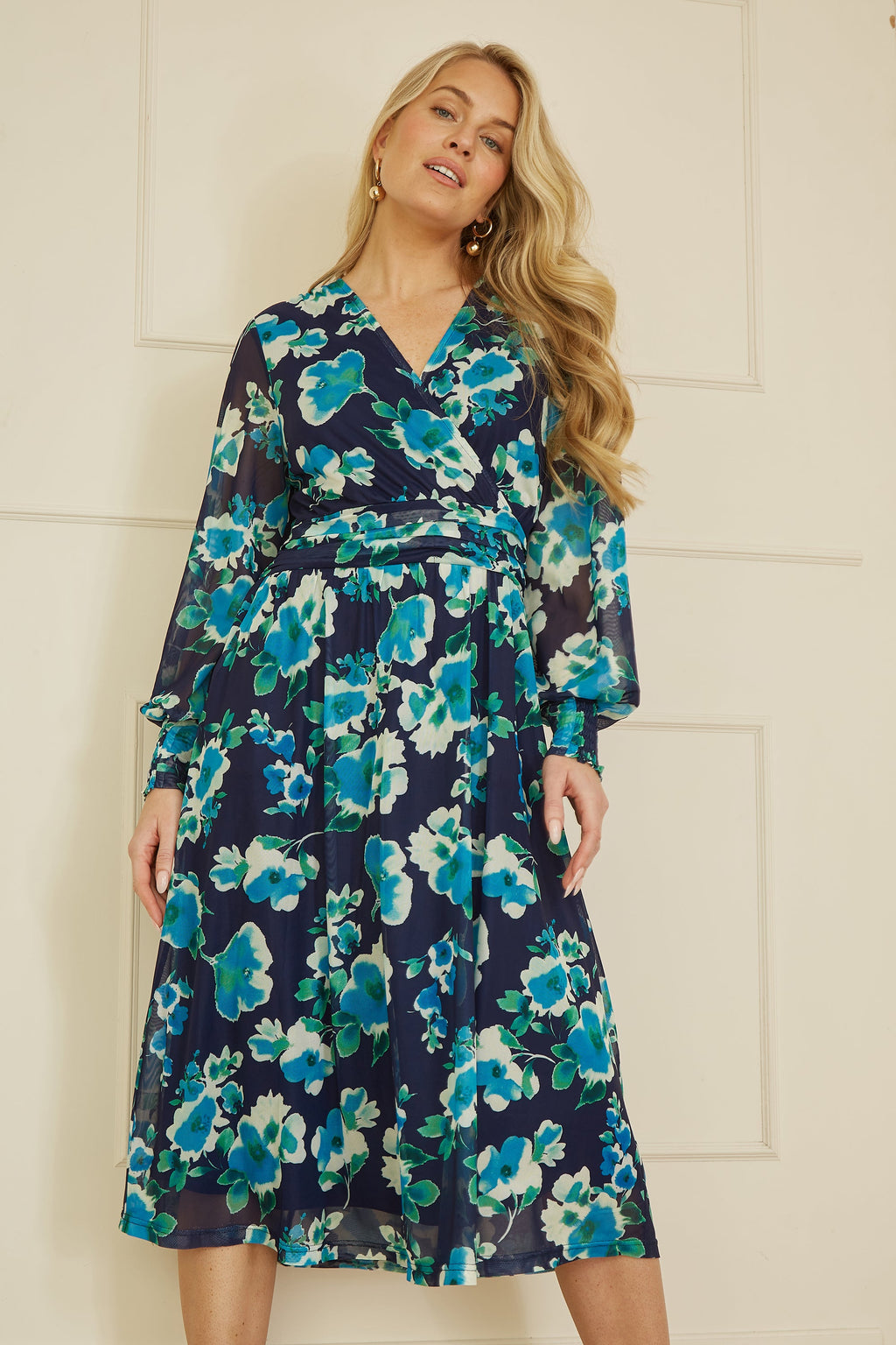 Yumi Blue Floral Mesh Wrap Dress With Long Sleeves - QHA UK