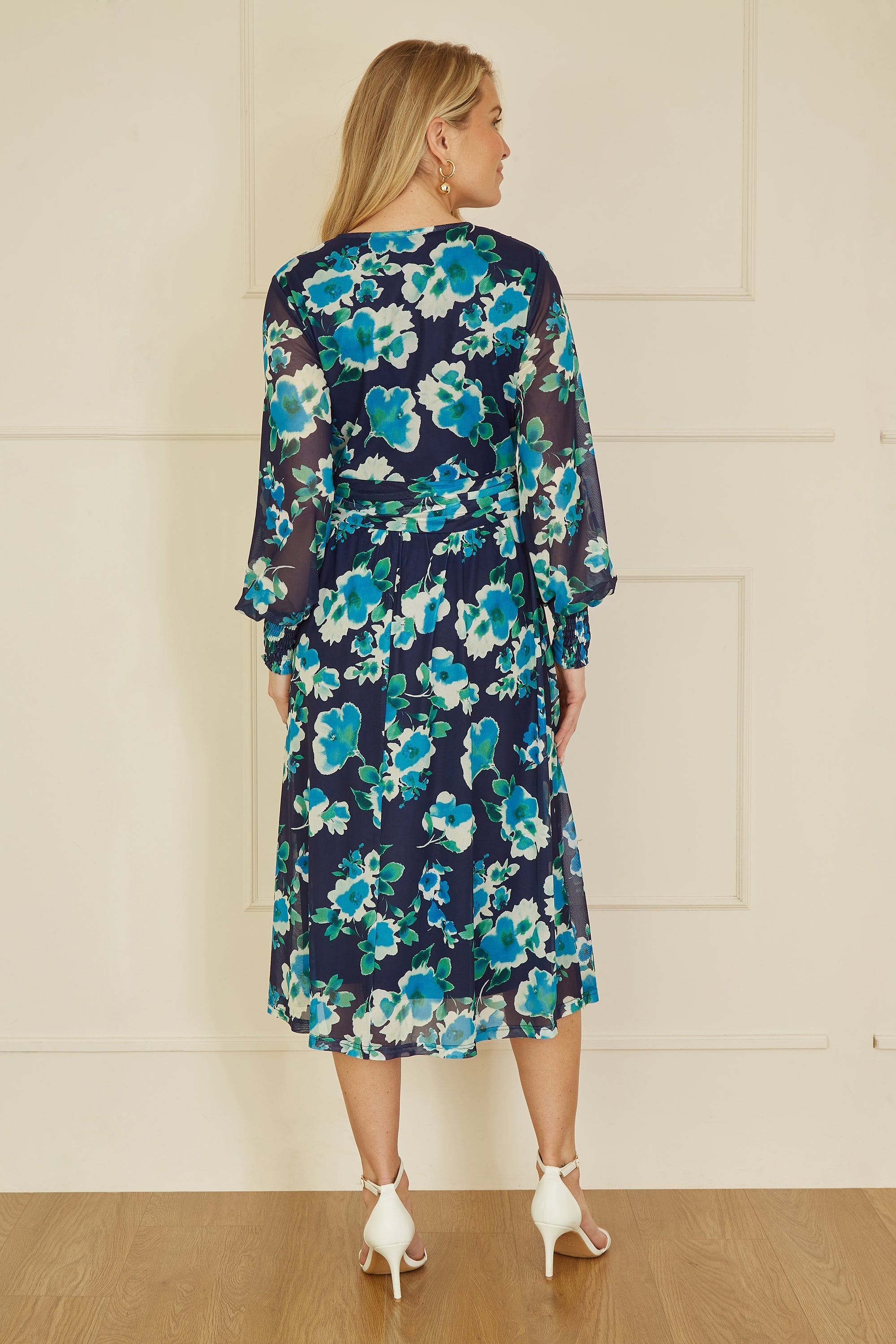 Yumi Blue Floral Mesh Wrap Dress With Long Sleeves - QHA UK