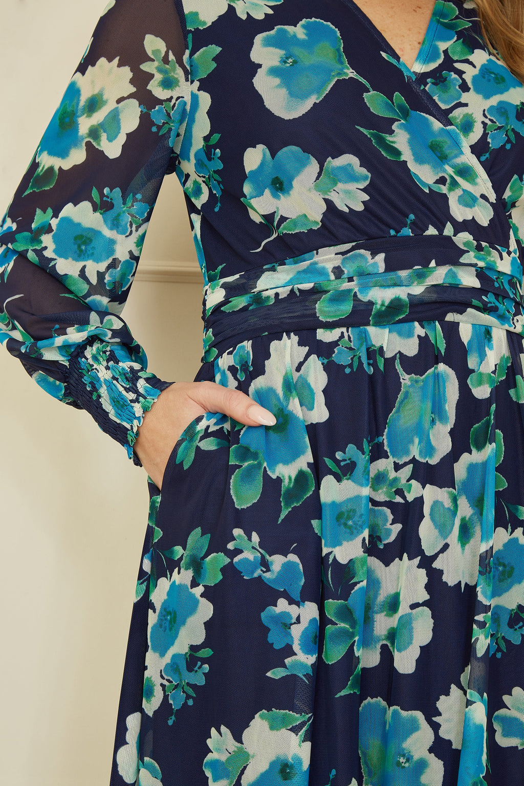 Yumi Blue Floral Mesh Wrap Dress With Long Sleeves - QHA UK