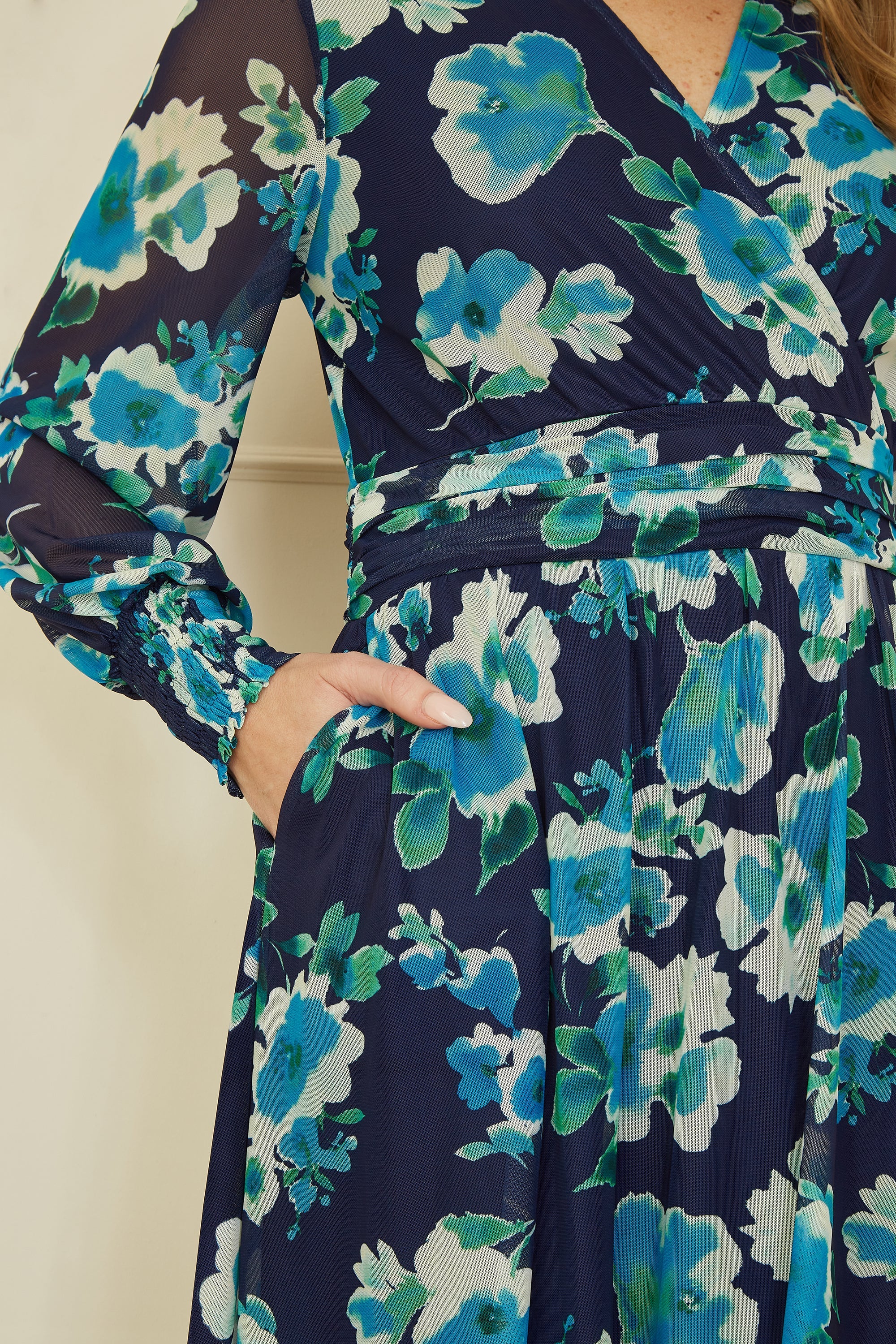 Yumi Blue Floral Mesh Wrap Dress With Long Sleeves - QHA UK