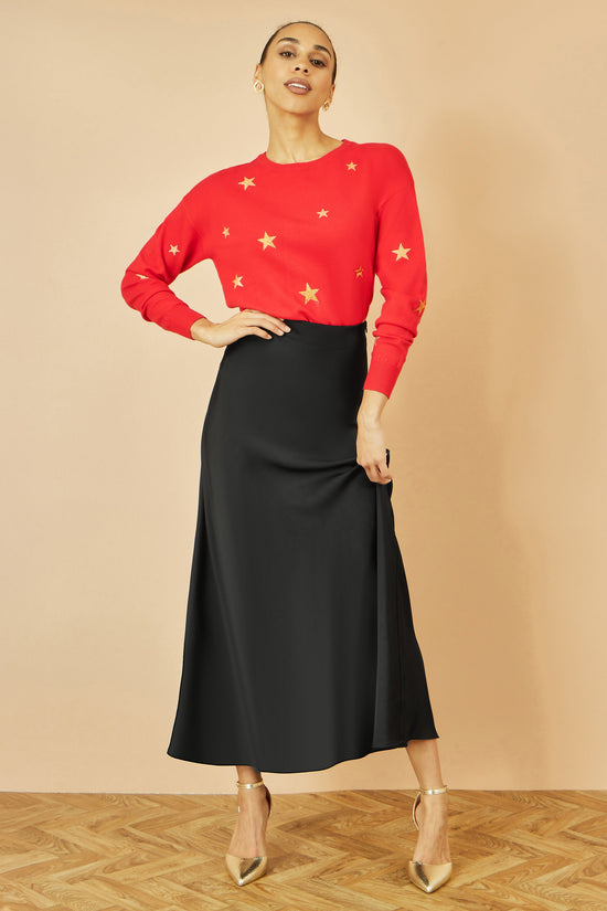 Yumi Black Satin Midi Skirt - QHA UK