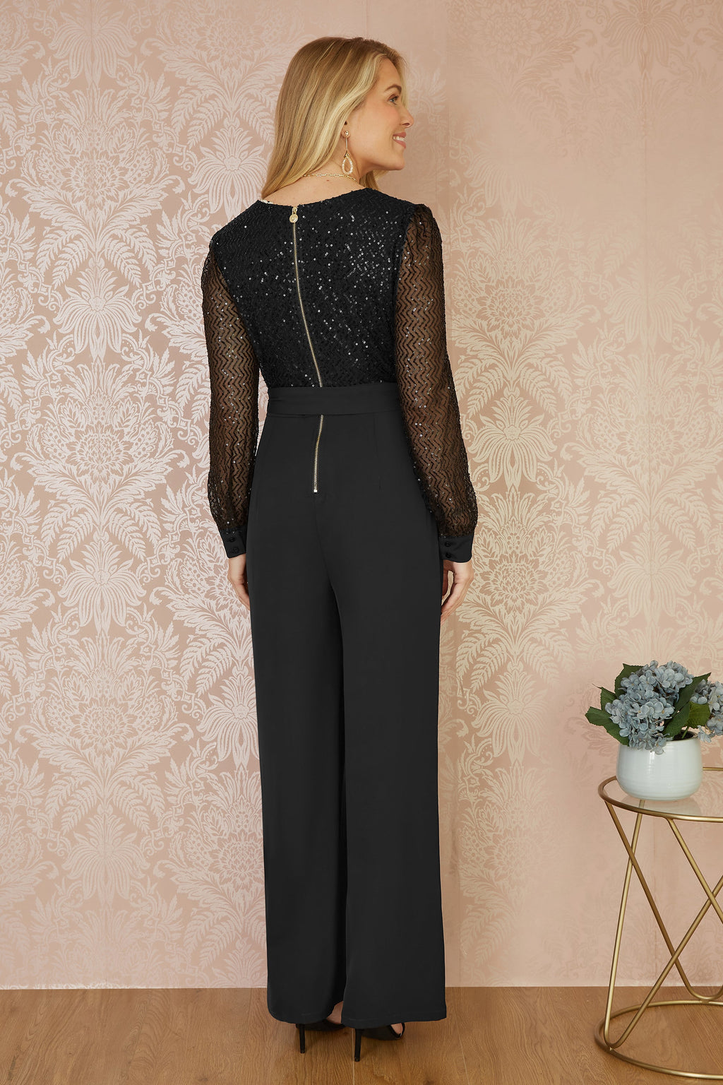 Yumi Black Sequin Jumpsuit With Long Sleeves - QHA UK