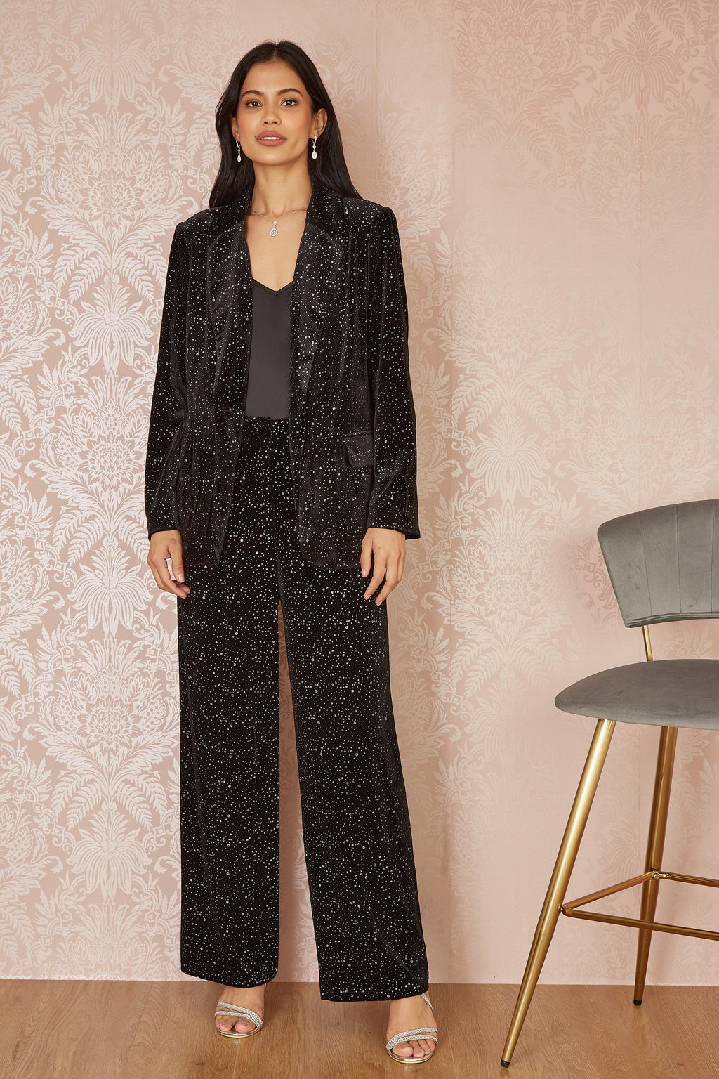 Yumi Black Velvet Sparkle Oversize Blazer - QHA UK