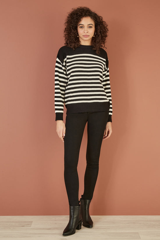 Yumi Black Stripe Knitted Relaxed Jumper With Button Details - QHA UK