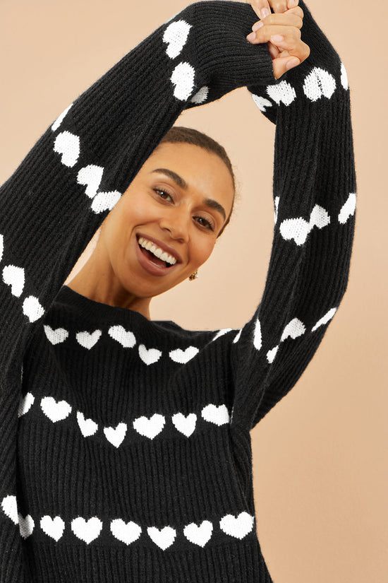 Yumi Black Knitted Jumper With Heart Stripes - QHA UK