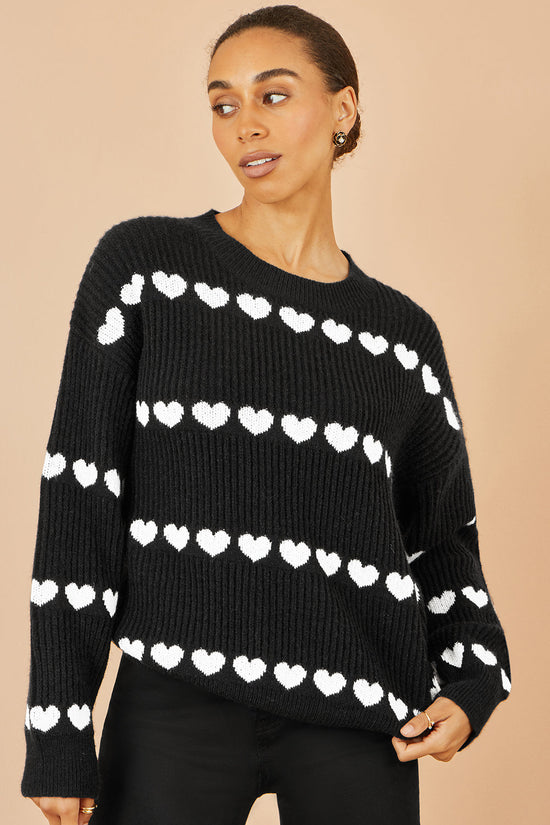 Yumi Black Knitted Jumper With Heart Stripes - QHA UK